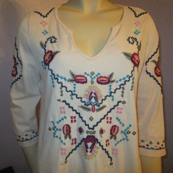 Soft Surroundings MIMOSA Blouse Size XS TOP Oversized EMBROIDERED V-Neck 3/4 - Picture 3 of 11